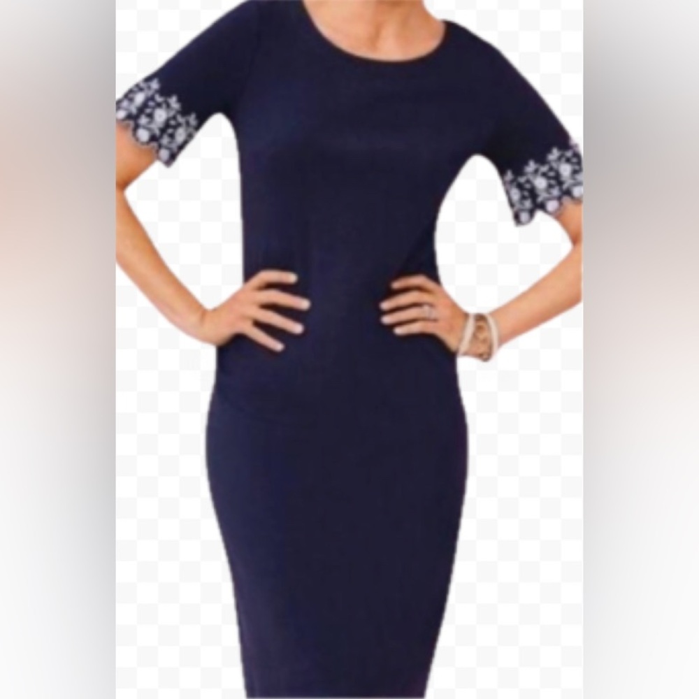 Navy Dress with Floral Embroidered Sleeves